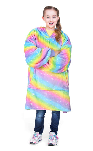 Catalonia front view of rainbow hoodie blanket showing overall fit and design benefit warmth