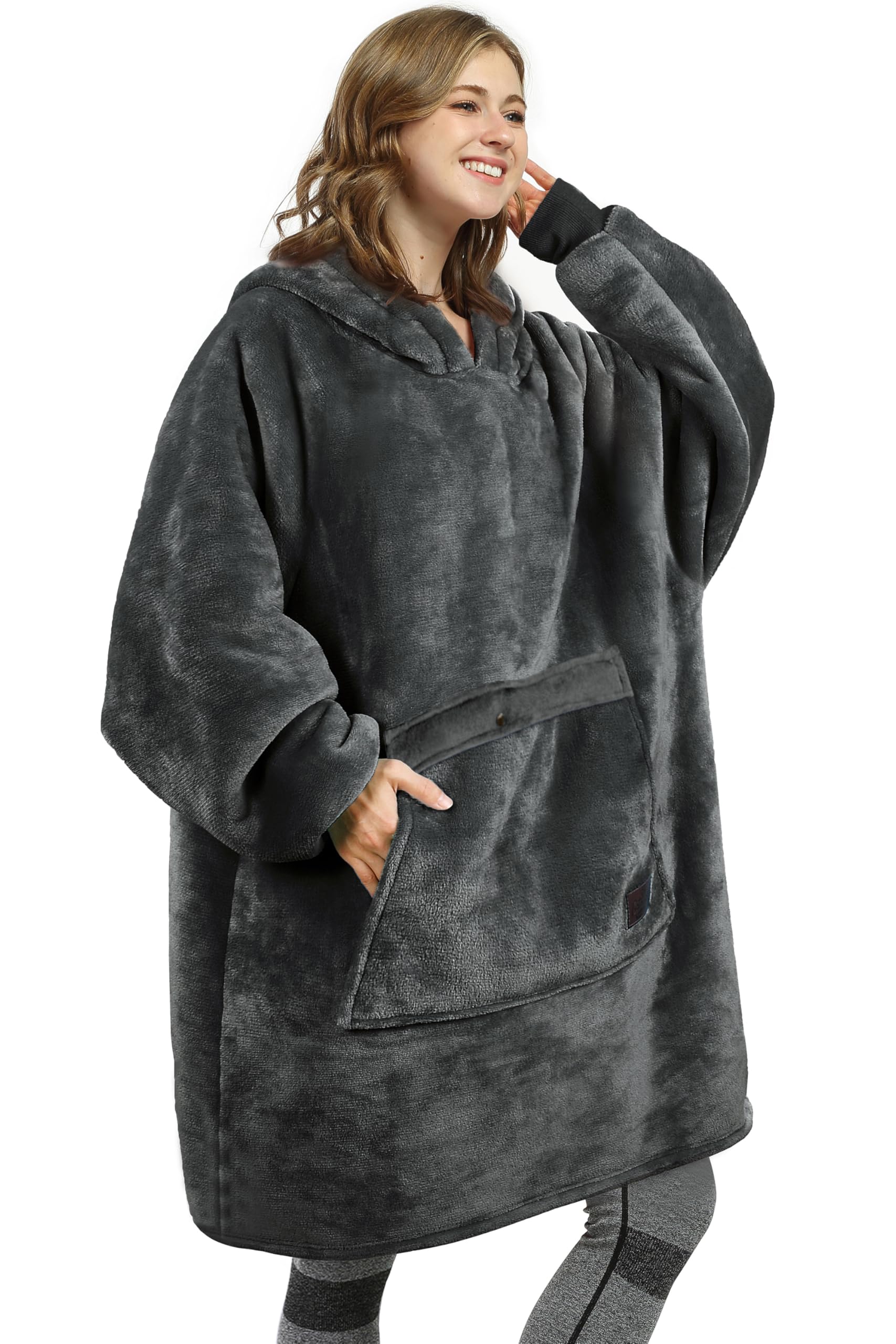 Catalonia front view of oversized sherpa hoodie blanket showing roomy fit and hood for warmth