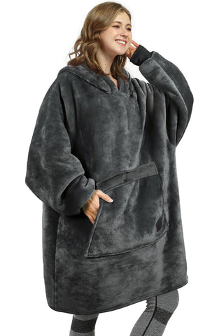 Catalonia front view of oversized sherpa hoodie blanket showing roomy fit and hood for warmth