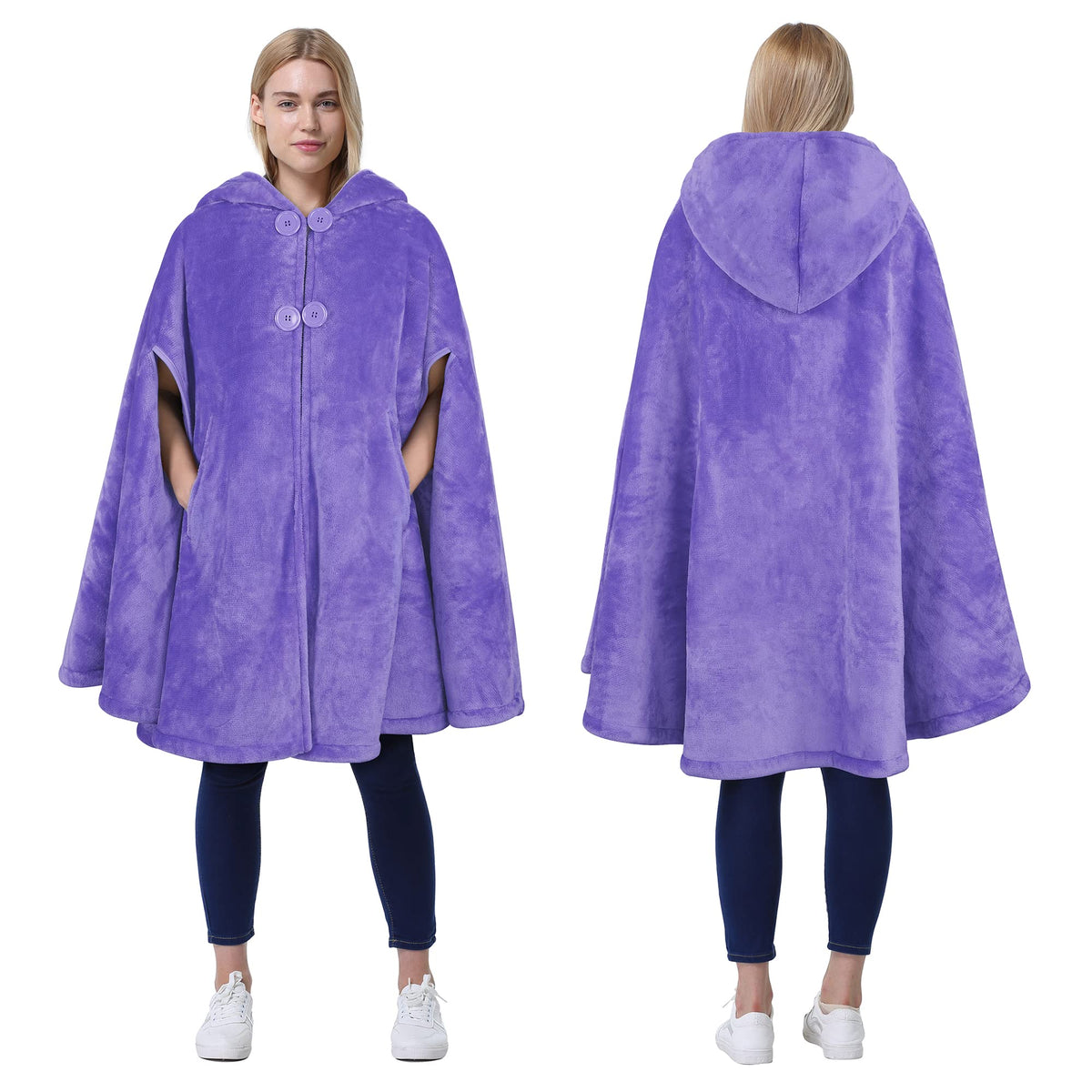 Catalonia hooded poncho front view showing oversized fit and cozy look