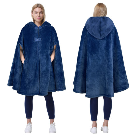 Catalonia front view hooded poncho showing roomy fit and cozy hood for versatile styling