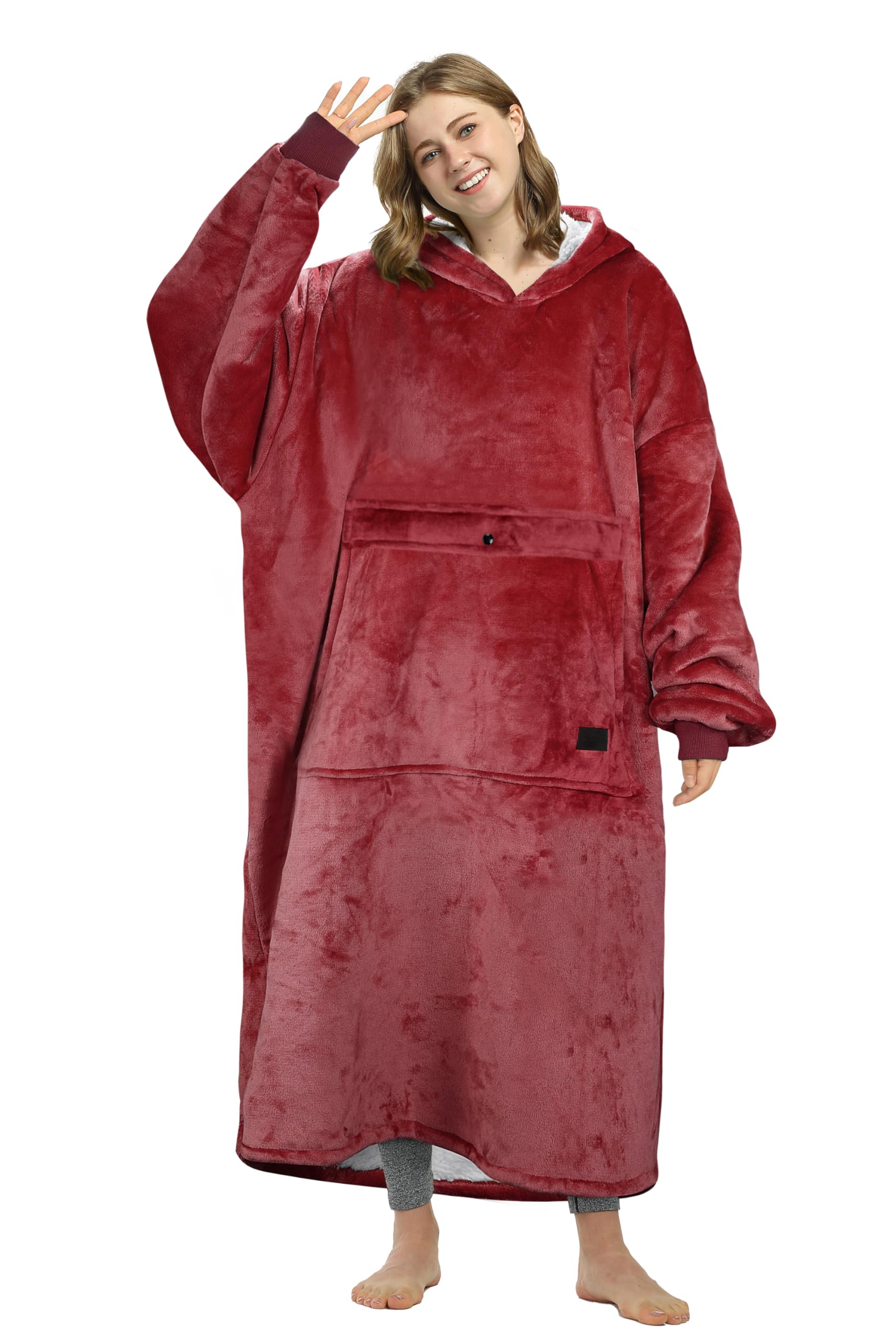 Catalonia front view wearable blanket hoodie shows roomy fit and coverage