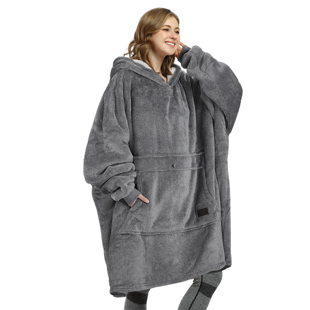 Catalonia front view of oversized sherpa hoodie blanket showing roomy fit and cozy look