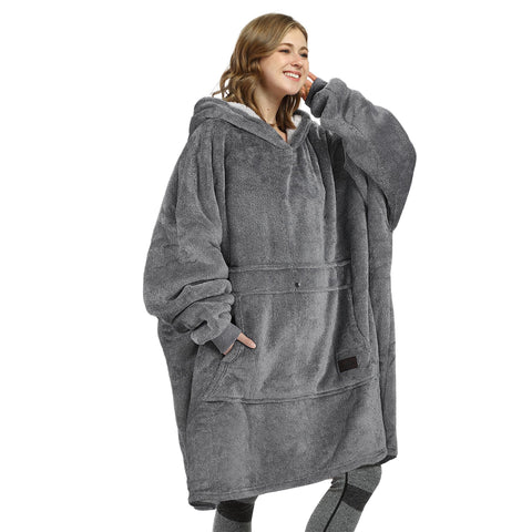 Catalonia front view of oversized sherpa hoodie blanket showing roomy fit and cozy look