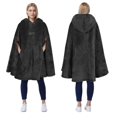 Catalonia front view of hooded poncho showing oversized fit and buttons for versatile styling