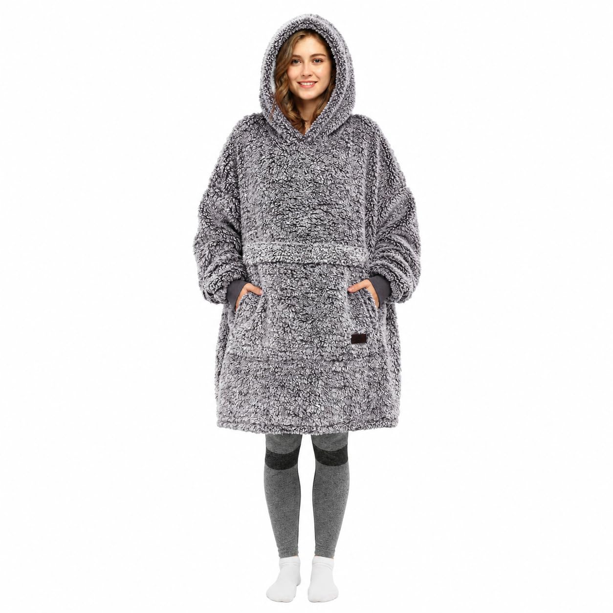 Catalonia front view of oversized blanket hoodie showing roomy fit and hood, promotes cozy warmth