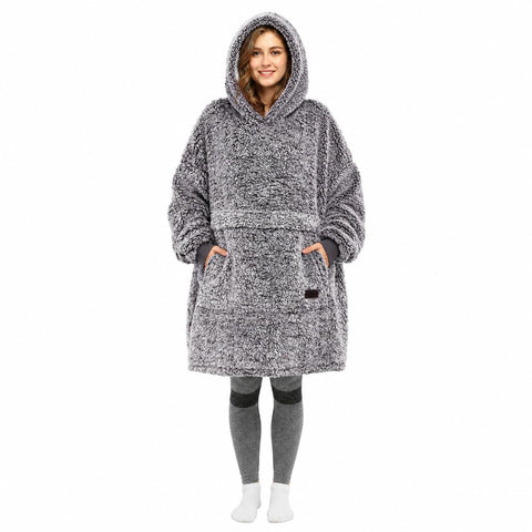 Catalonia front view of oversized blanket hoodie showing roomy fit and hood, promotes cozy warmth
