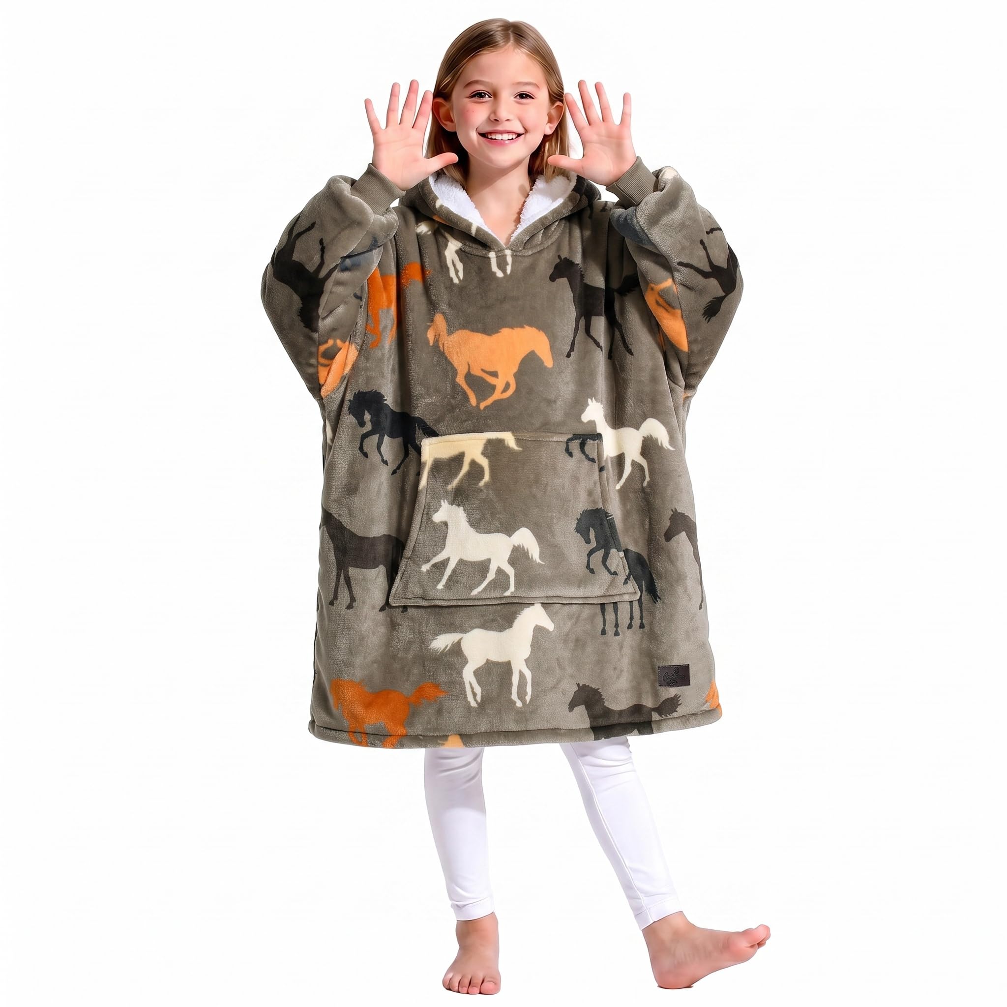 Catalonia horse hoodie blanket front view showing full oversized fit and playful design
