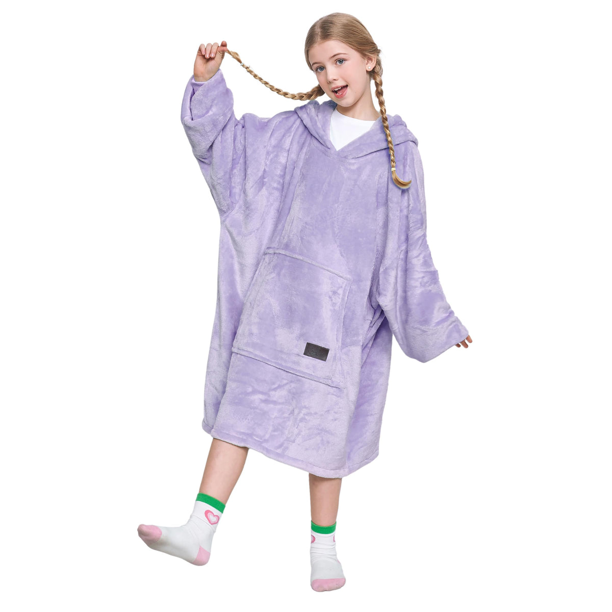 Catalonia kids wearable blanket front view showing roomy fit and hood for warmth