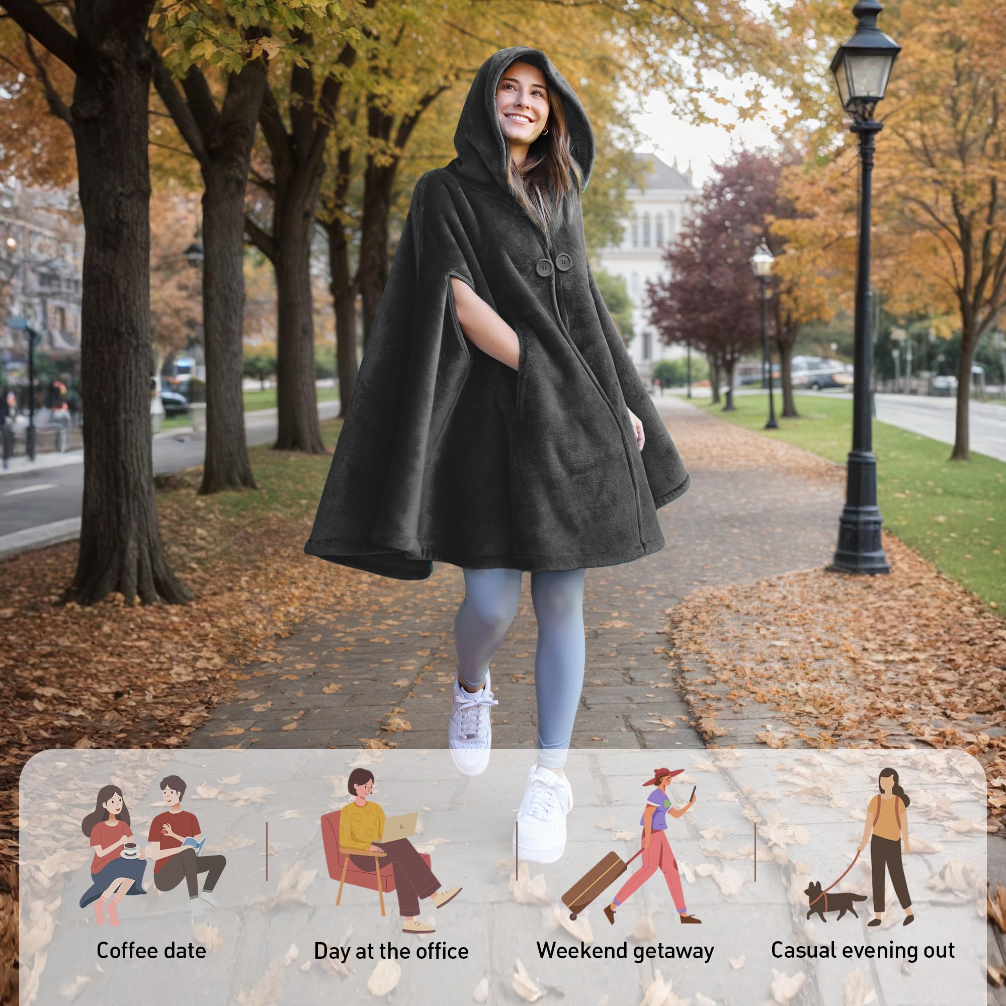 Catalonia poncho back hooded silhouette demonstrating coverage and warmth