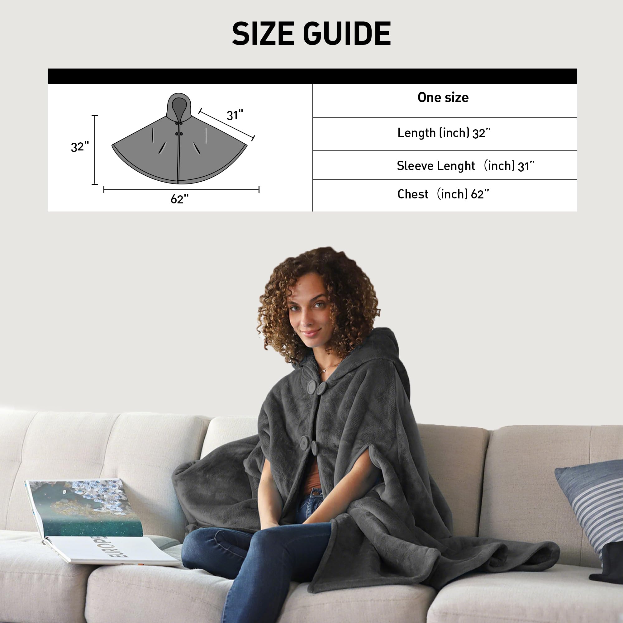 Catalonia poncho size comparison on model illustrating one-size fit