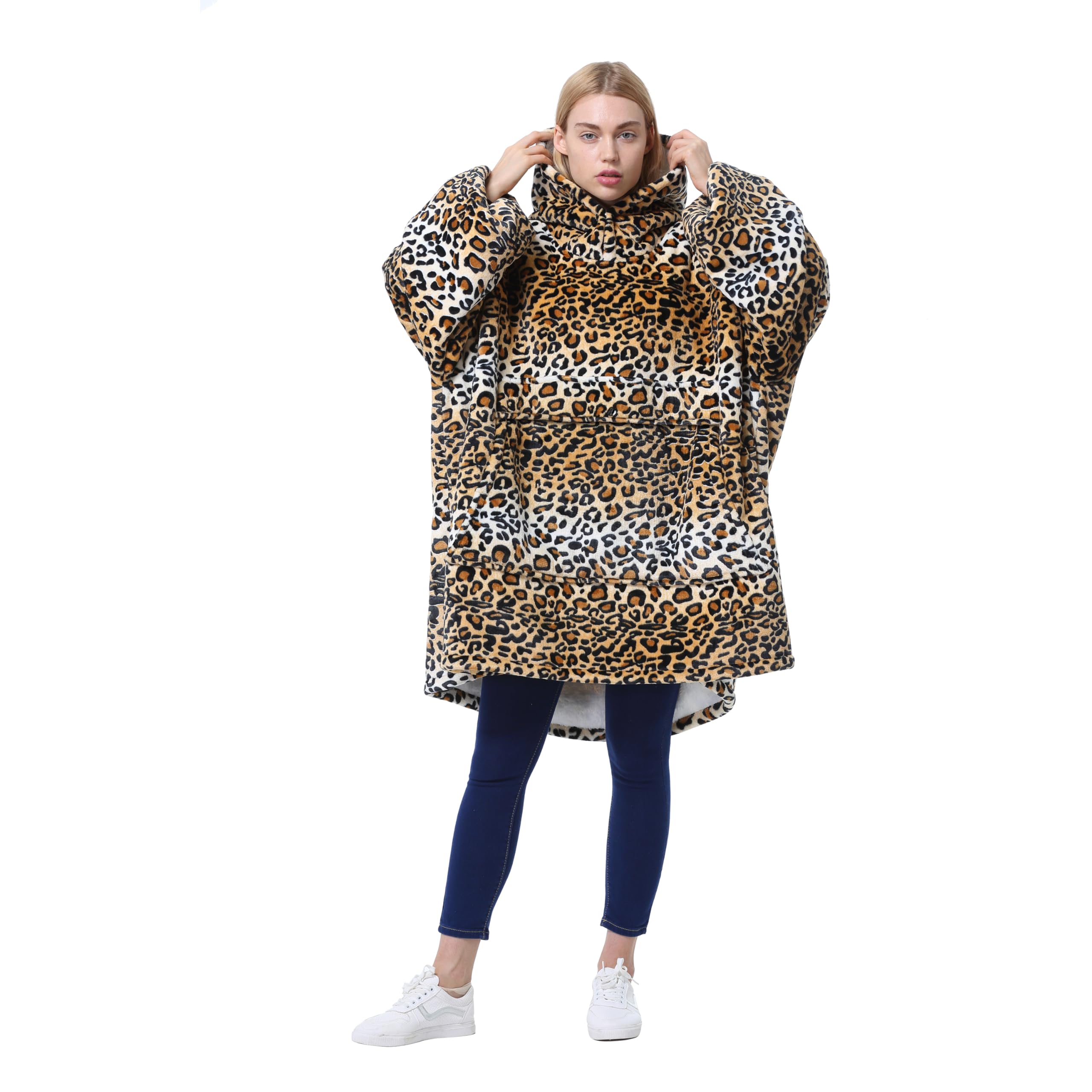 Catalonia wearable blanket shown on model to illustrate oversized fit and length