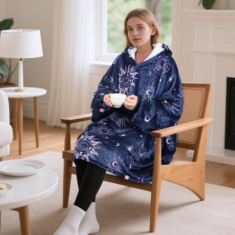 Catalonia wearable hoodie blanket in living room setting for relaxed comfort