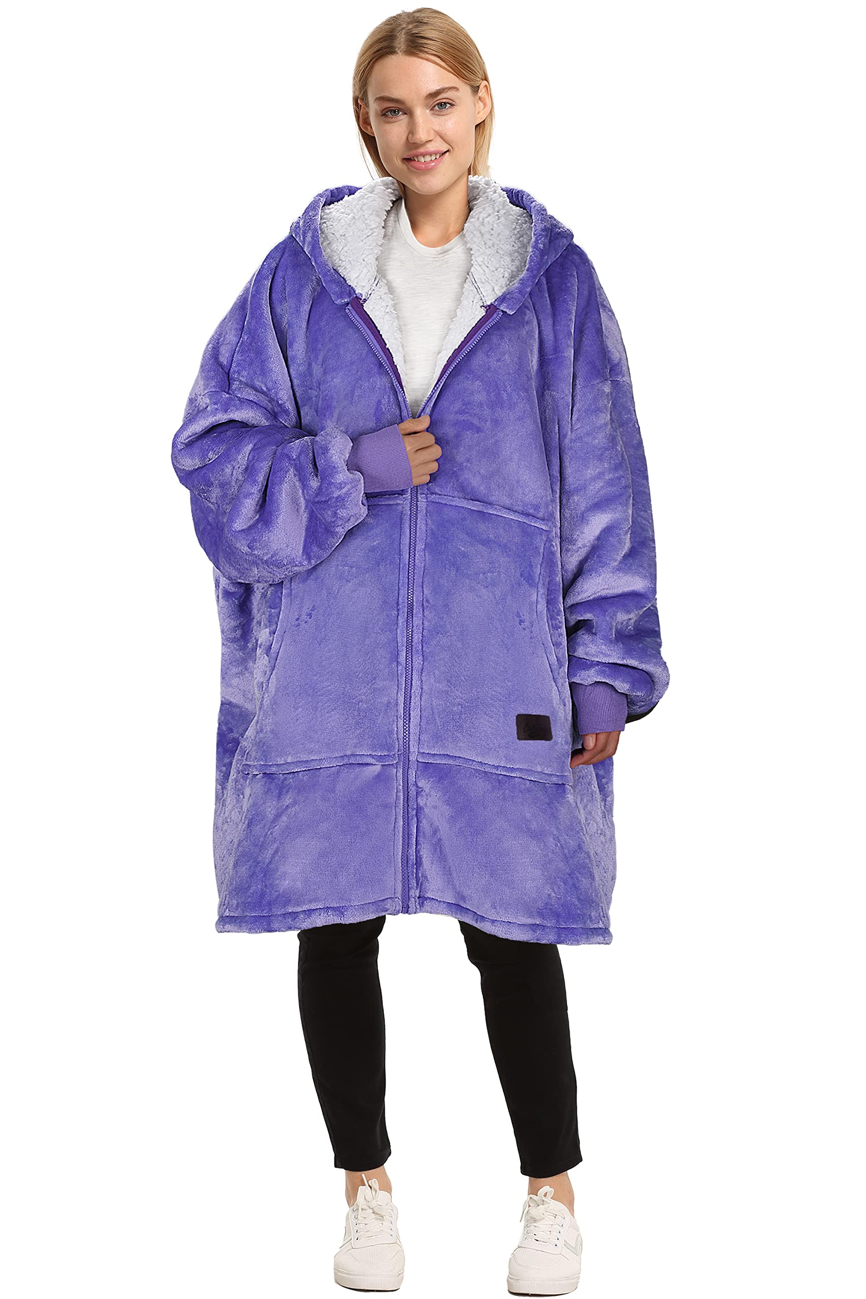 Catalonia front view of oversized wearable blanket hoodie showing roomy fit and warmth