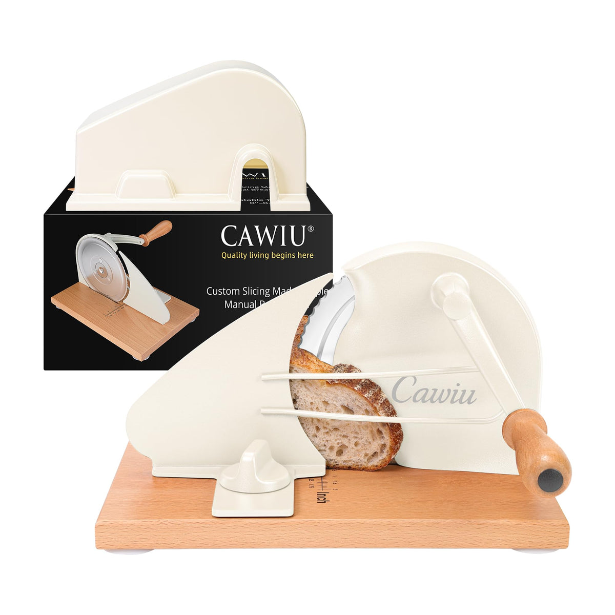 CAWIU front view of slicer and packaging showing neat presentation and gift appeal