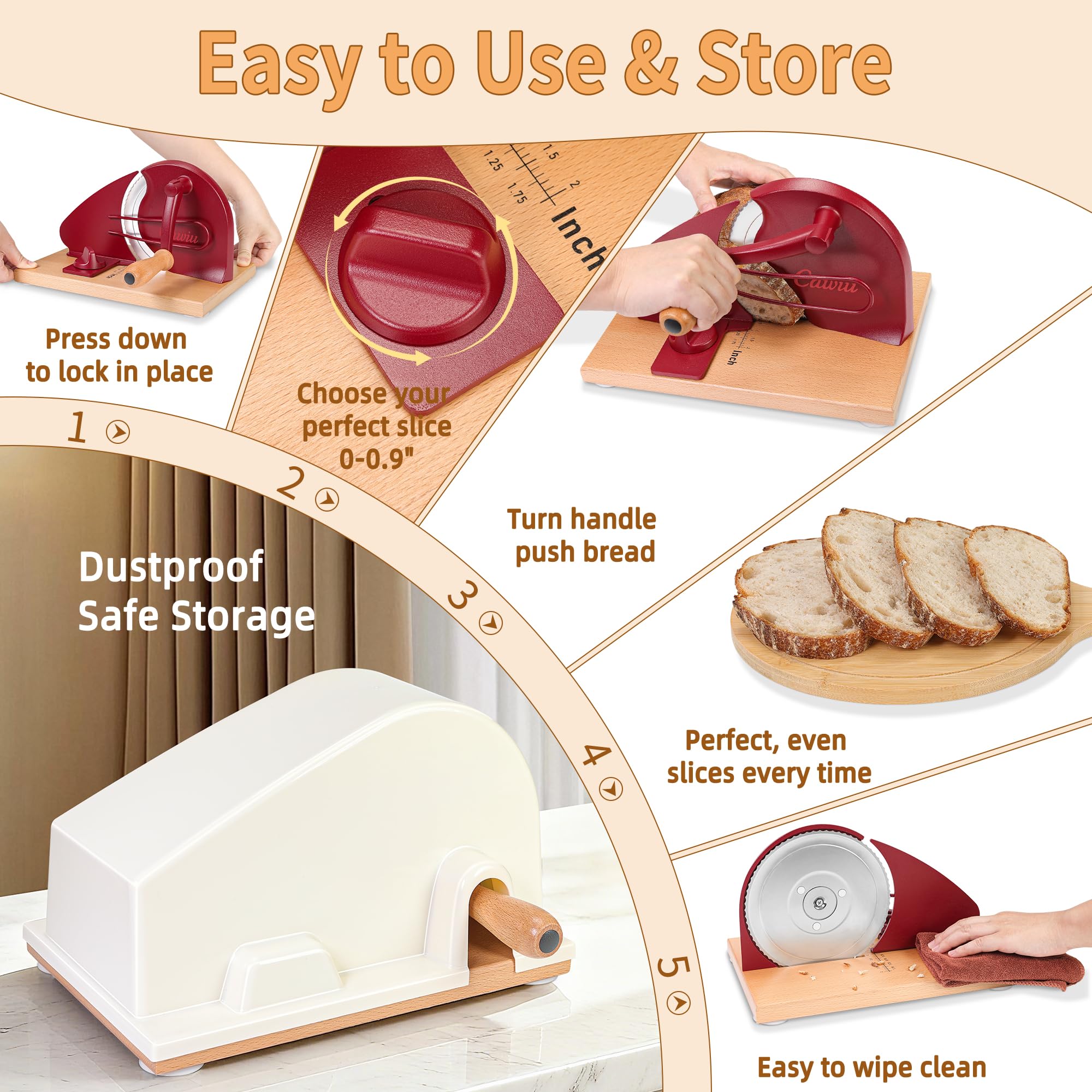 CAWIU slicer with crusty sourdough illustrating preserved loaf structure and neat slices