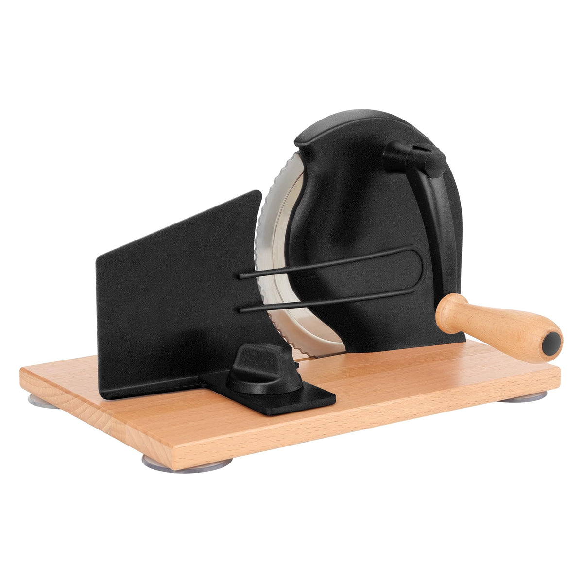 CAWIU front view showing compact slicer and secure wooden base benefit stability
