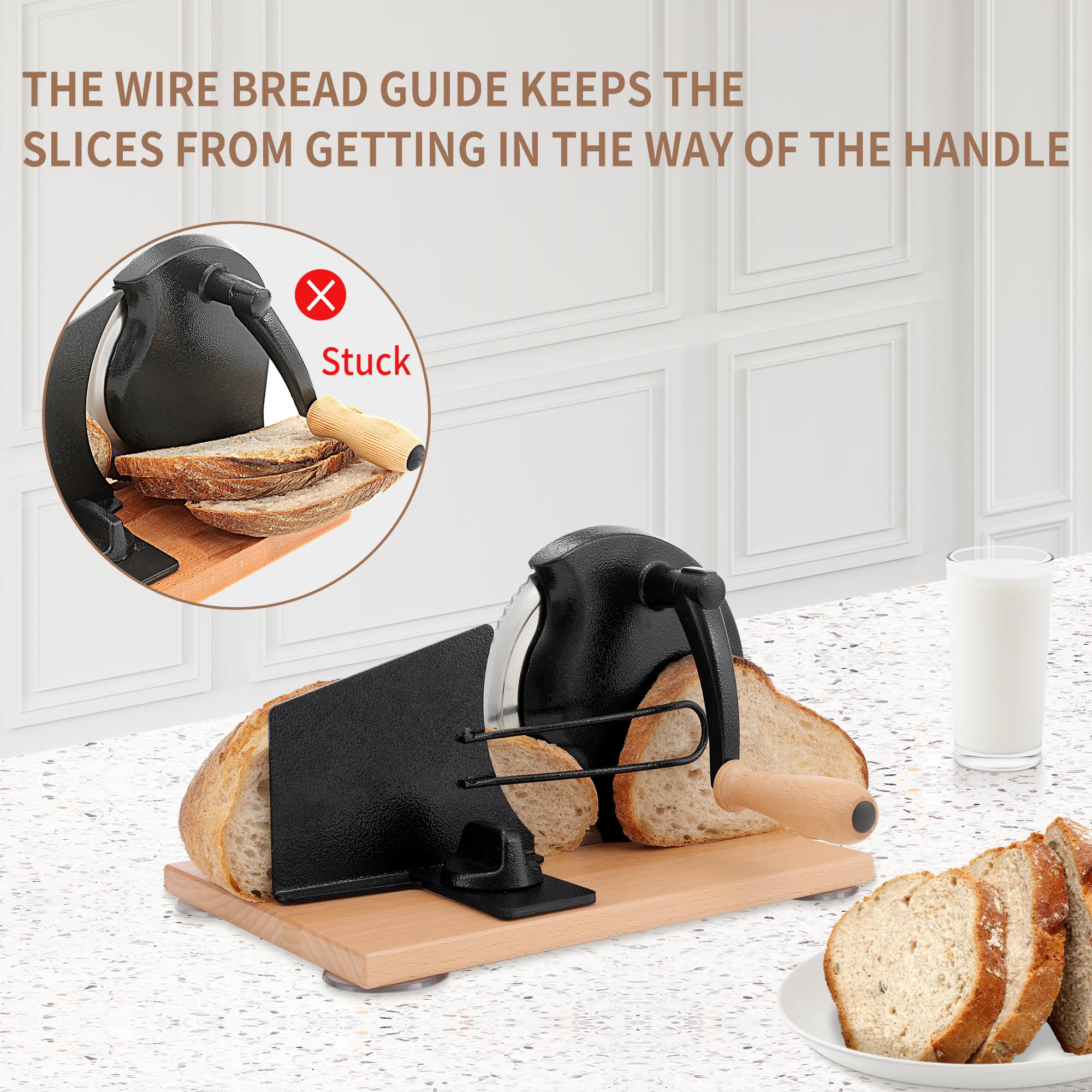 CAWIU slicing a crusty sourdough loaf with hand crank for gentle handling