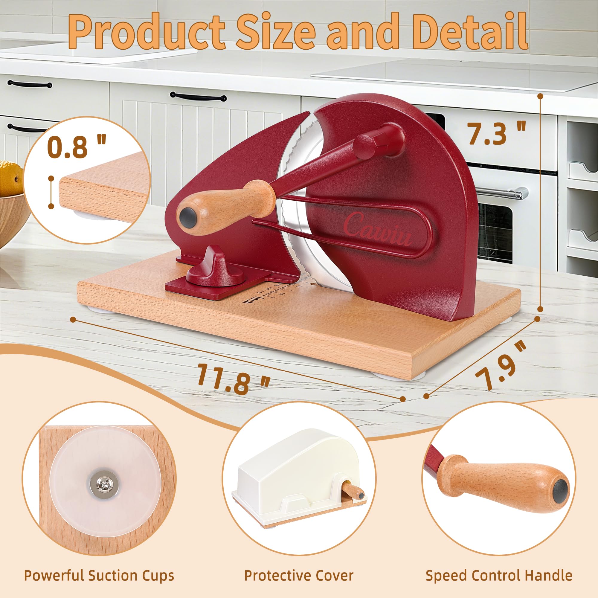 CAWIU wooden base closeup highlighting sturdy 0.8-inch base for stable slicing