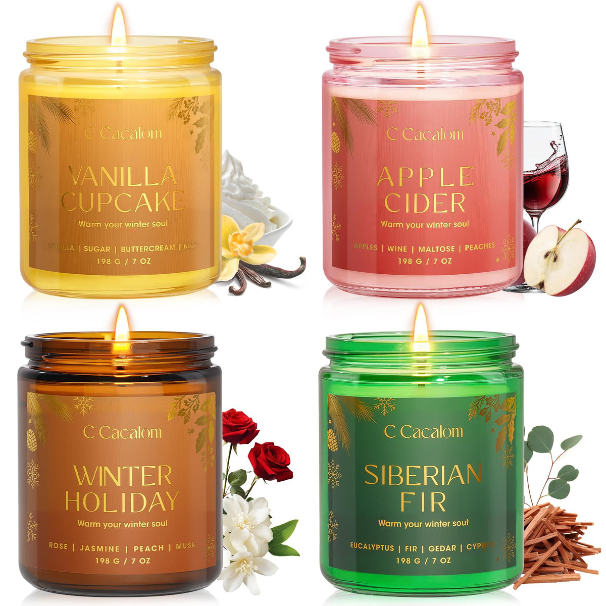 C CACALOM front packaging showing all four winter scented candles and presentation benefits