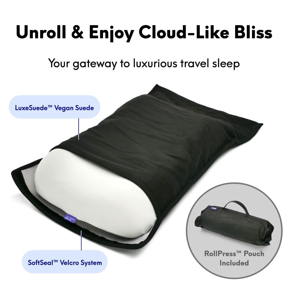 C CUSHION LAB pillow rolled in luggage demonstrates easy packing convenience