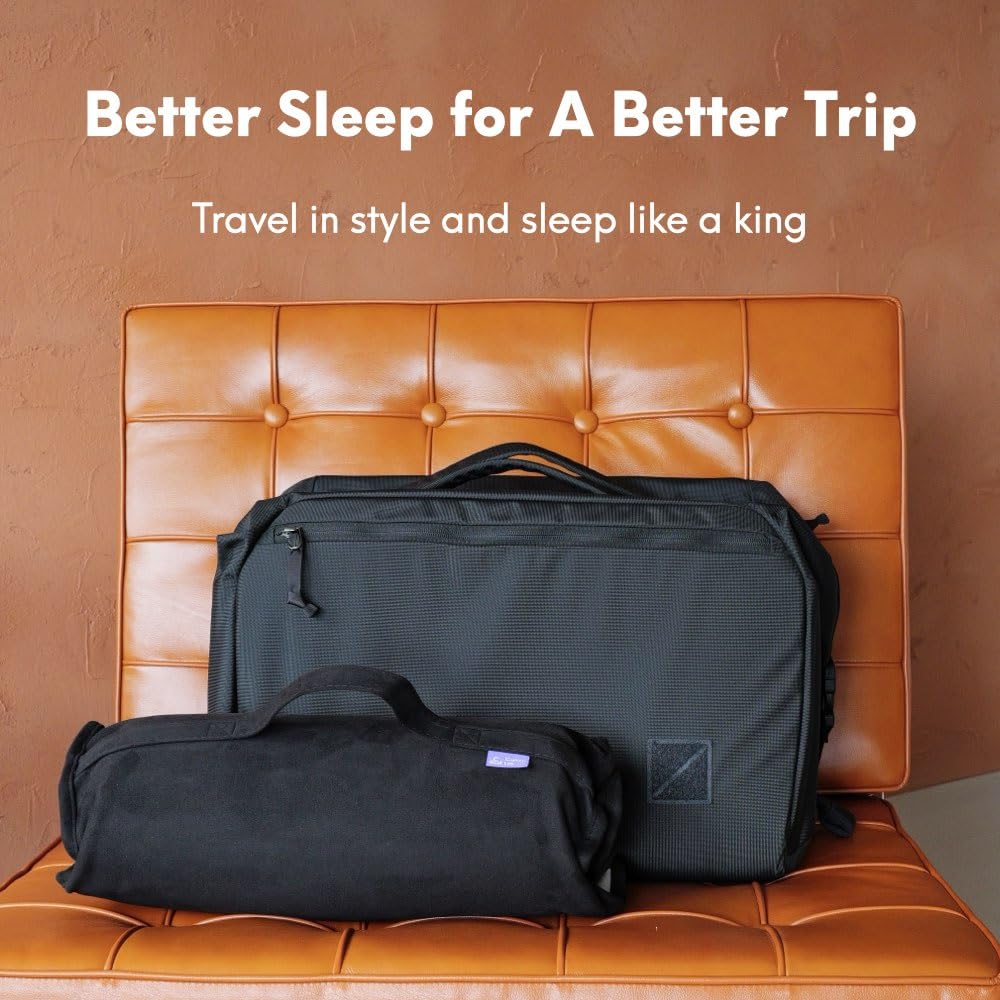 C CUSHION LAB pillow next to hand shows compact travel size advantage