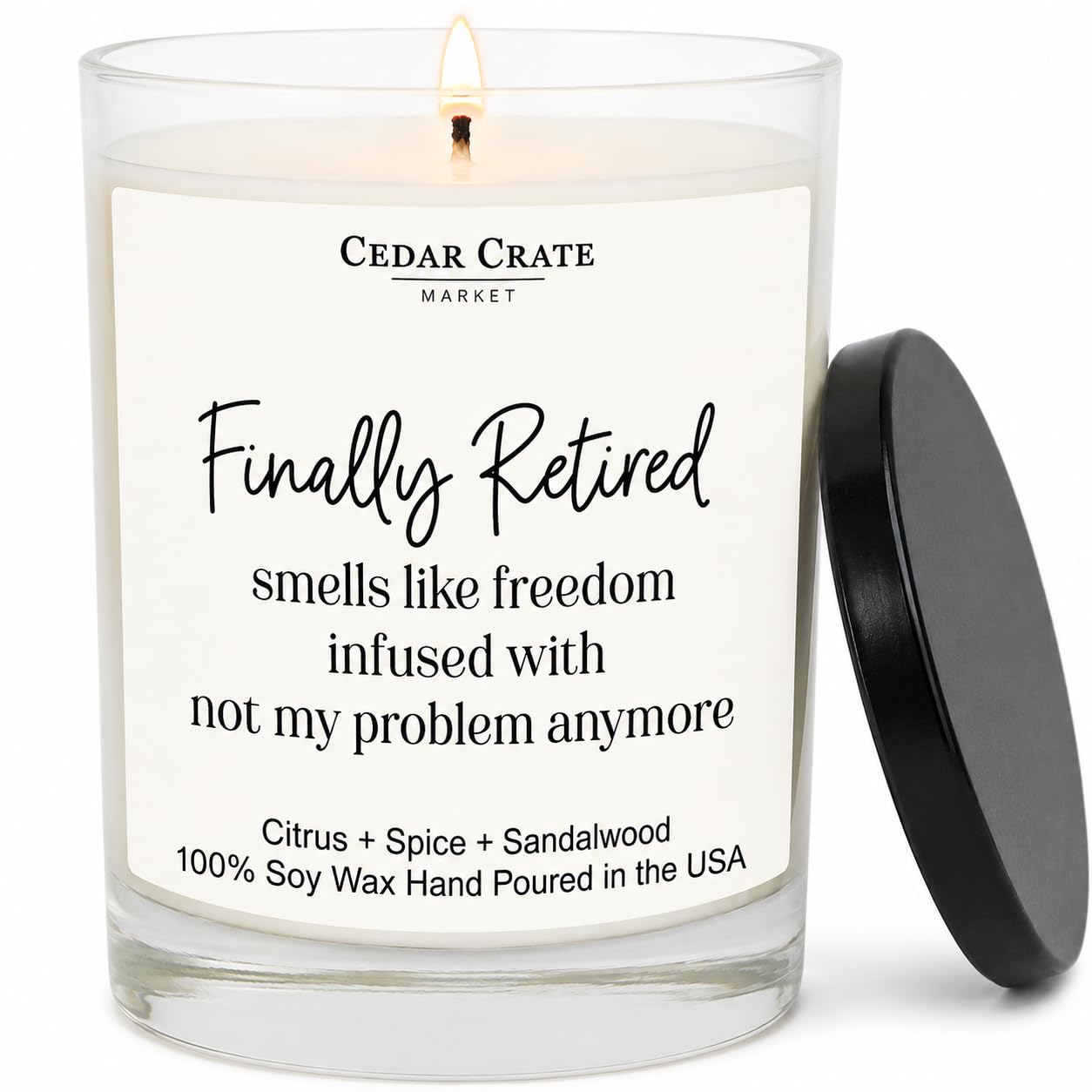 CEDAR CRATE MARKET front label showing 'Finally Retired' message and elegant jar — perfect gift