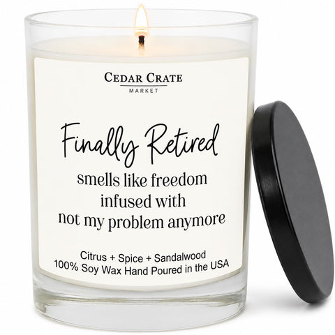 CEDAR CRATE MARKET front label showing 'Finally Retired' message and elegant jar — perfect gift