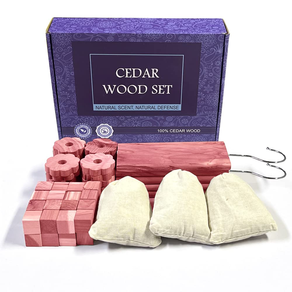 Cedar Space blocks hung on a wooden hanger refreshing clothes in closet