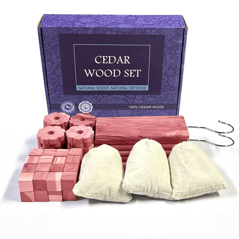 Cedar Space blocks hung on a wooden hanger refreshing clothes in closet