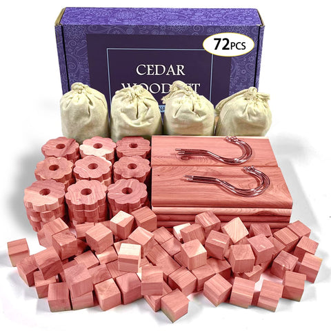 Cedar Space front packaging showing full 72‑piece cedar block set and value