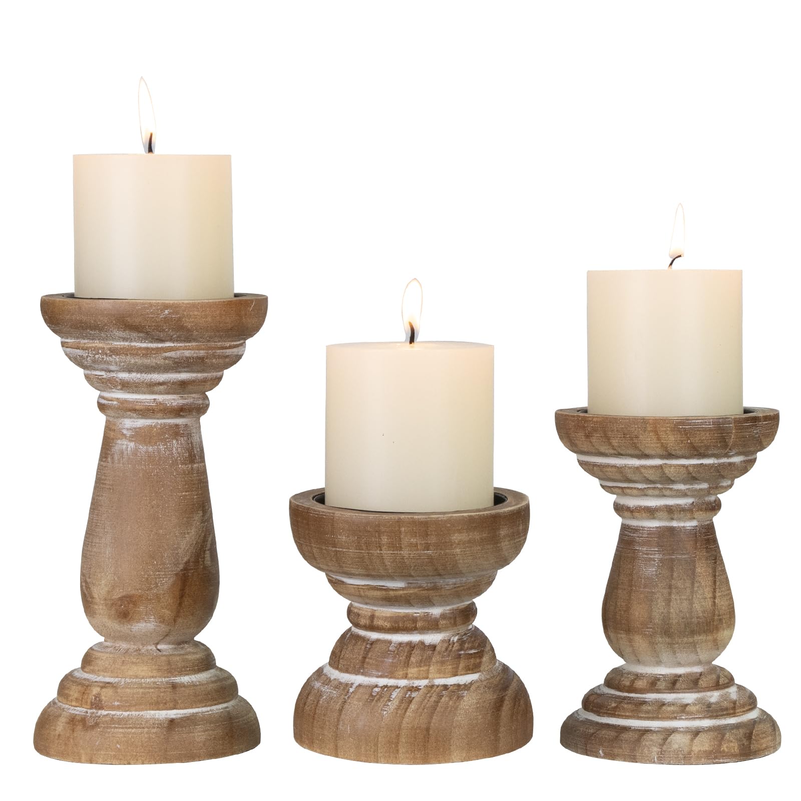 CEDARLUX front view of three wooden candle holders showing rustic styling and balance
