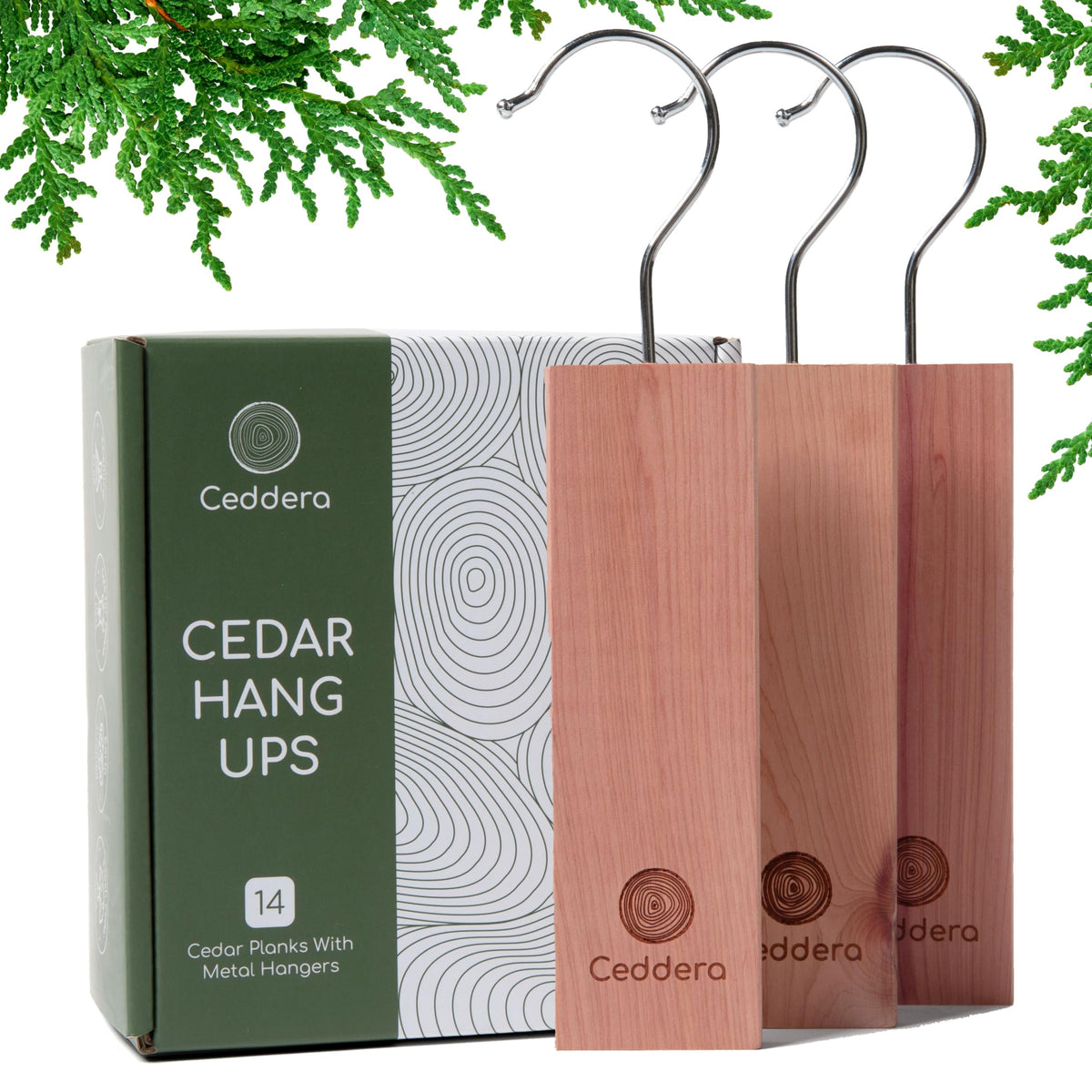 Ceddera cedar hang ups pack front showing 14 blocks and eco packaging benefit