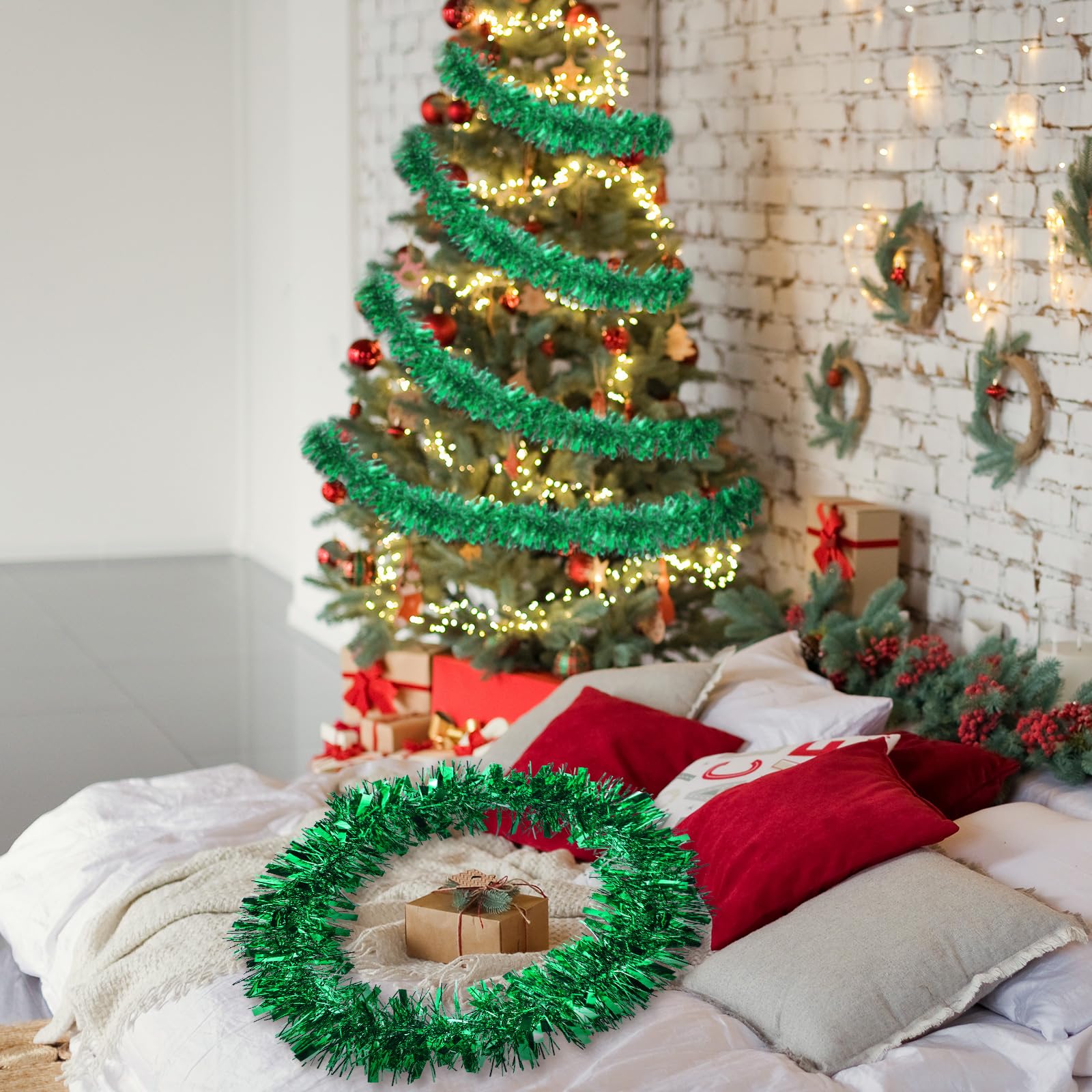 Ceenna garland wrapped around staircase adding festive ambiance benefit