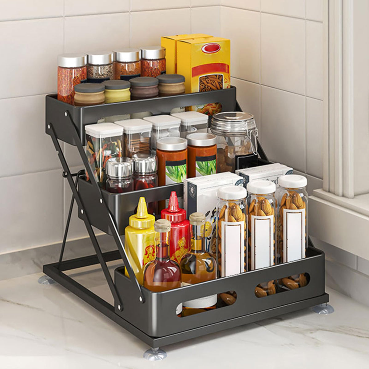 Ceetug front view of black spice rack showing neat jar organization and quick access
