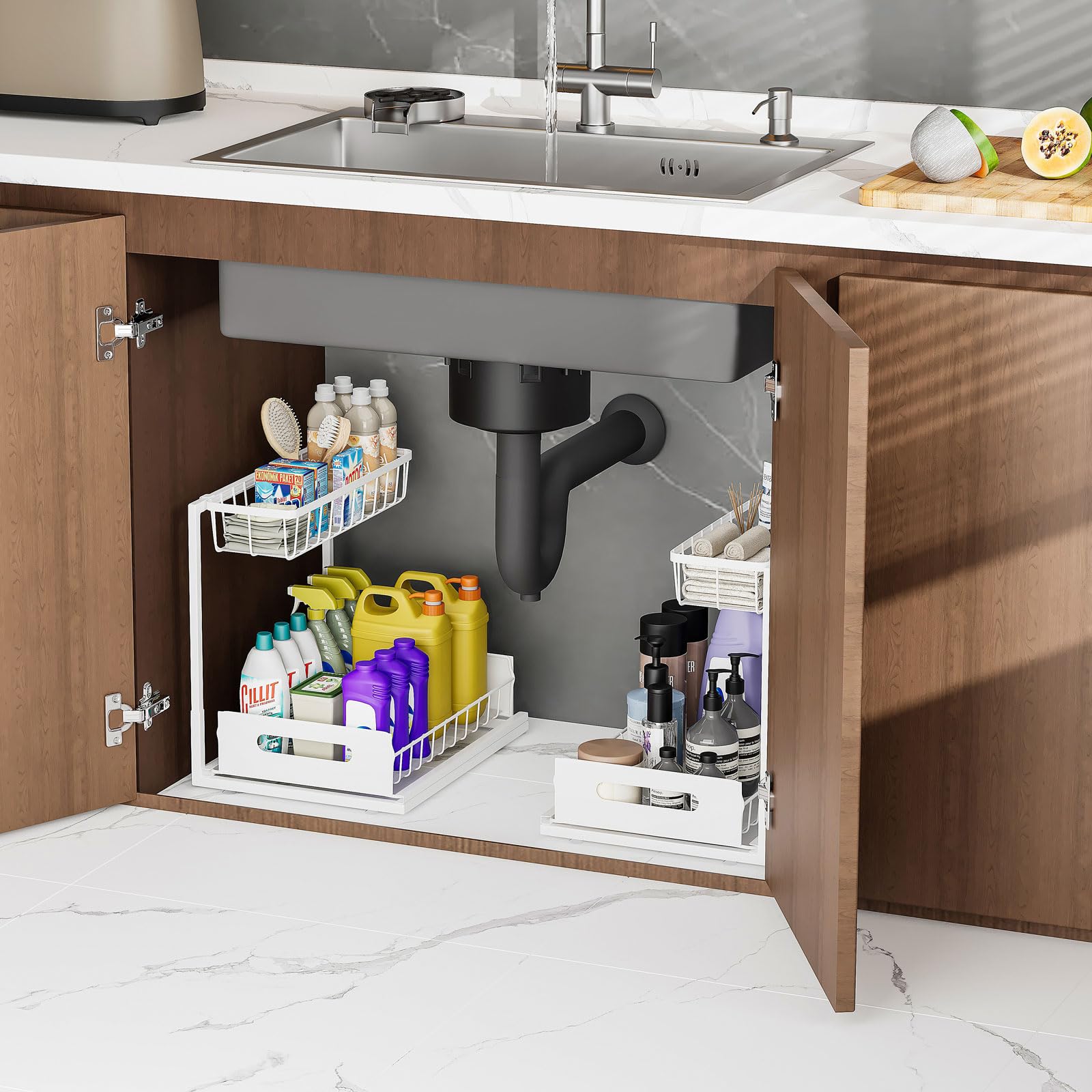 Ceetug installed under kitchen sink in lifestyle scene for decluttered cabinet