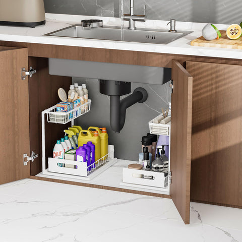 Ceetug installed under kitchen sink in lifestyle scene for decluttered cabinet