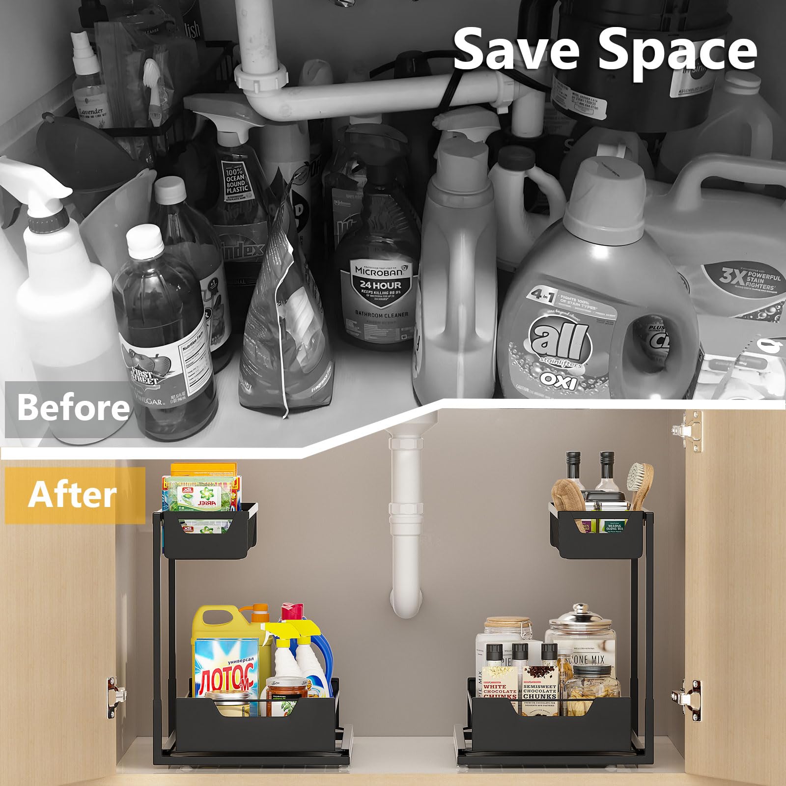 Ceetug installed under sink around pipes and disposal, saves awkward plumbing space