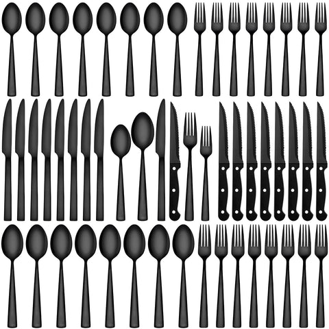 CEKEE full 72-piece black flatware set displayed, elegant table coordination