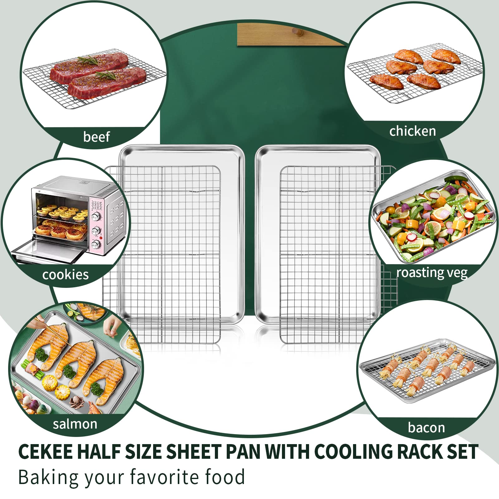 CEKEE size scale with utensils showing 18×12 inch scale for large batches and portion flexibility benefit