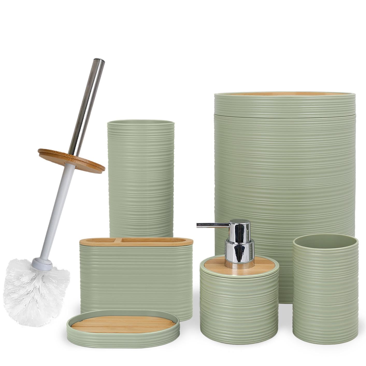 CERBIOR green set front view showing complete six-piece ensemble and organized benefits