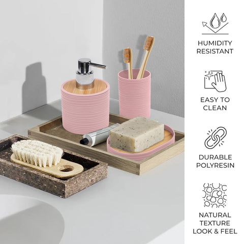CERBIOR pink bathroom set staged on counter showing coordinated stylish decor
