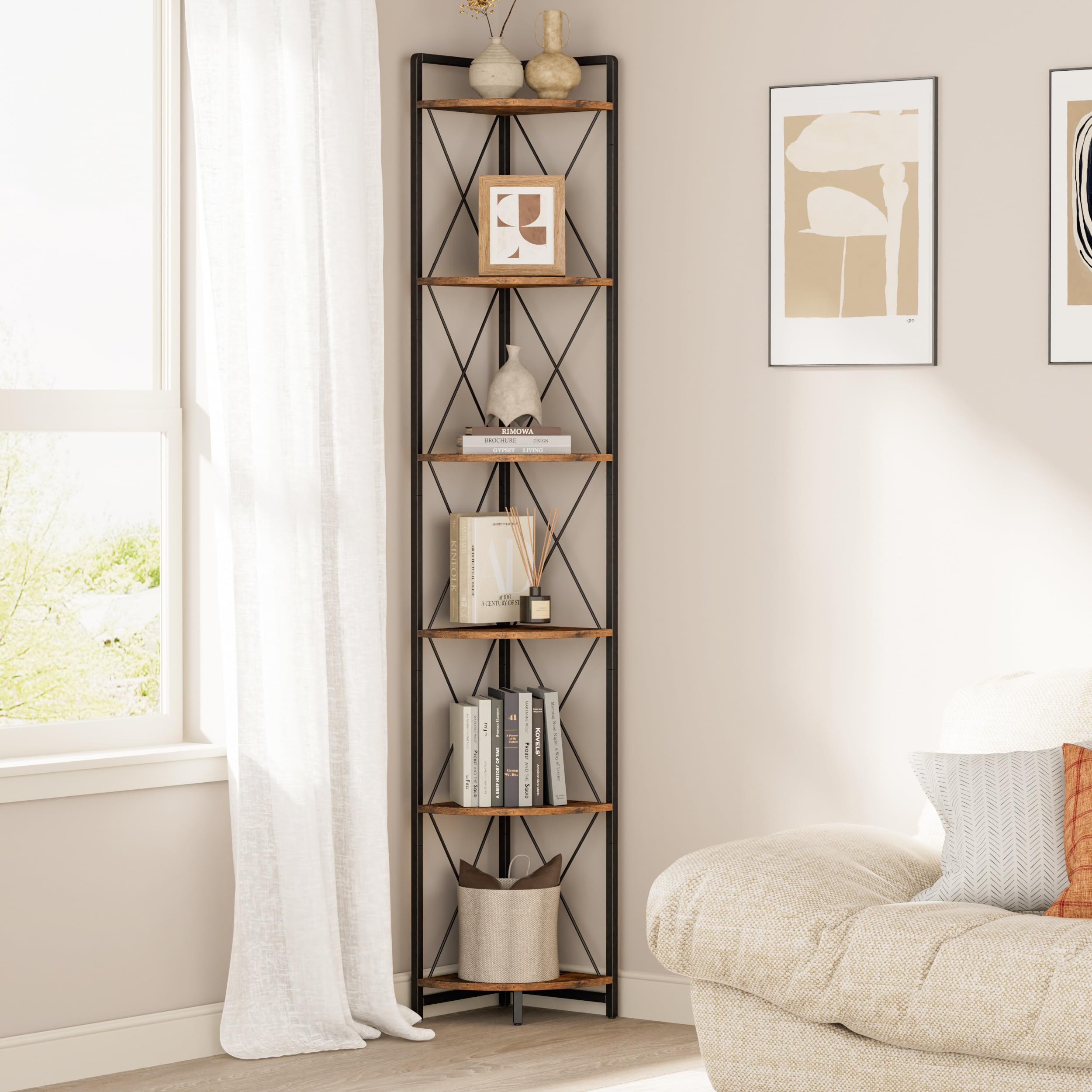 Cerlyunzan front view showing tall 6-tier corner bookshelf and storage benefit