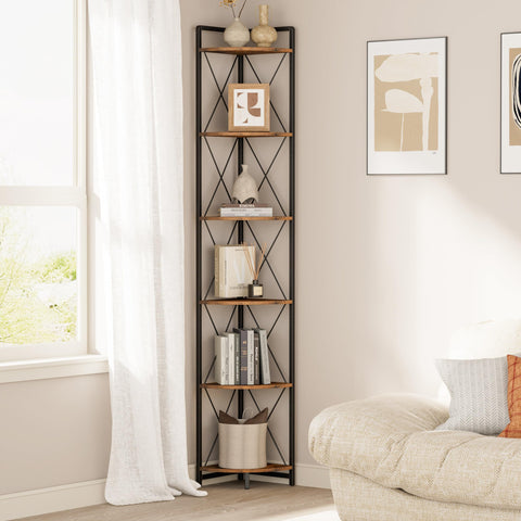 Cerlyunzan front view showing tall 6-tier corner bookshelf and storage benefit