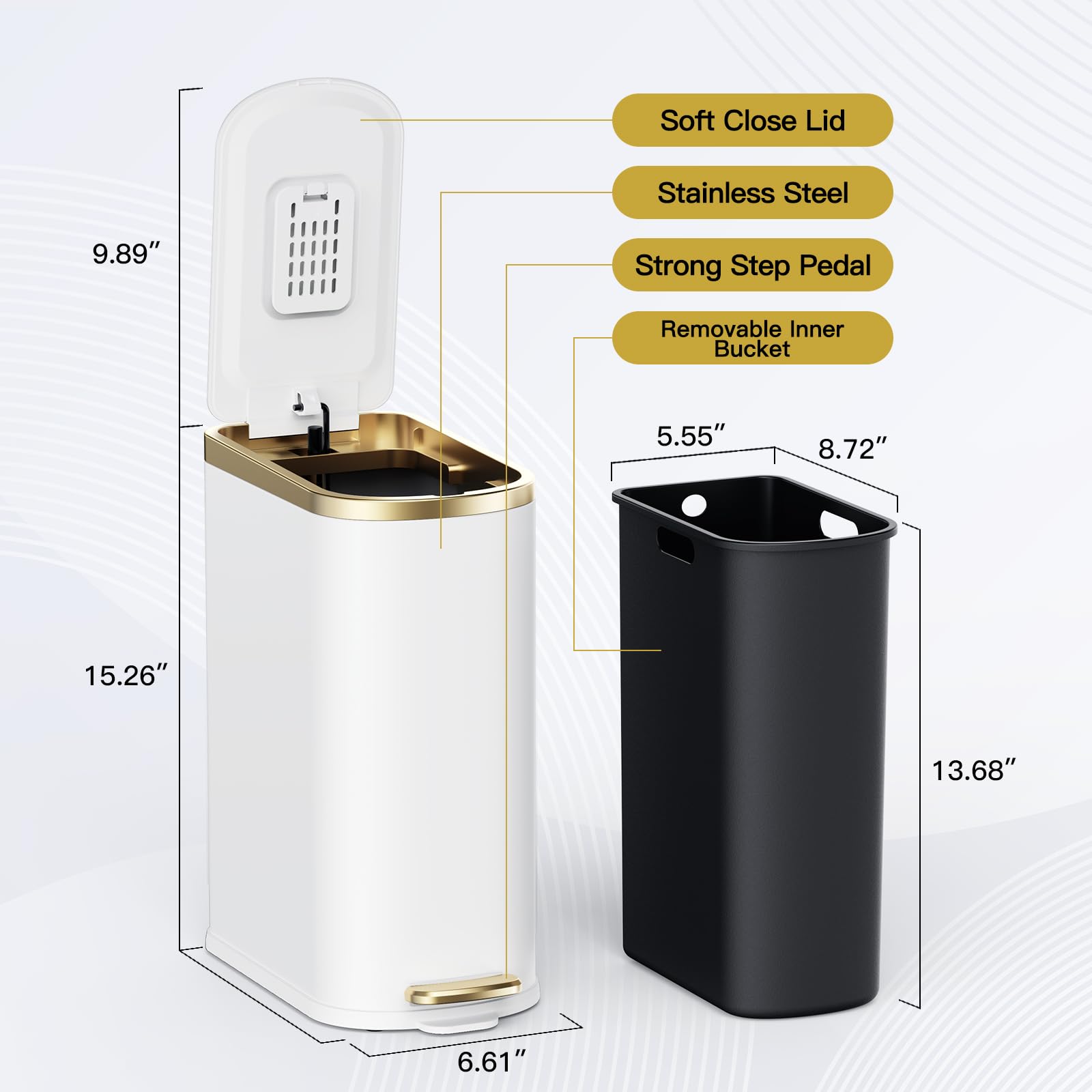 CEROELDA slim bin next to toilet illustrating space-saving scaled fit