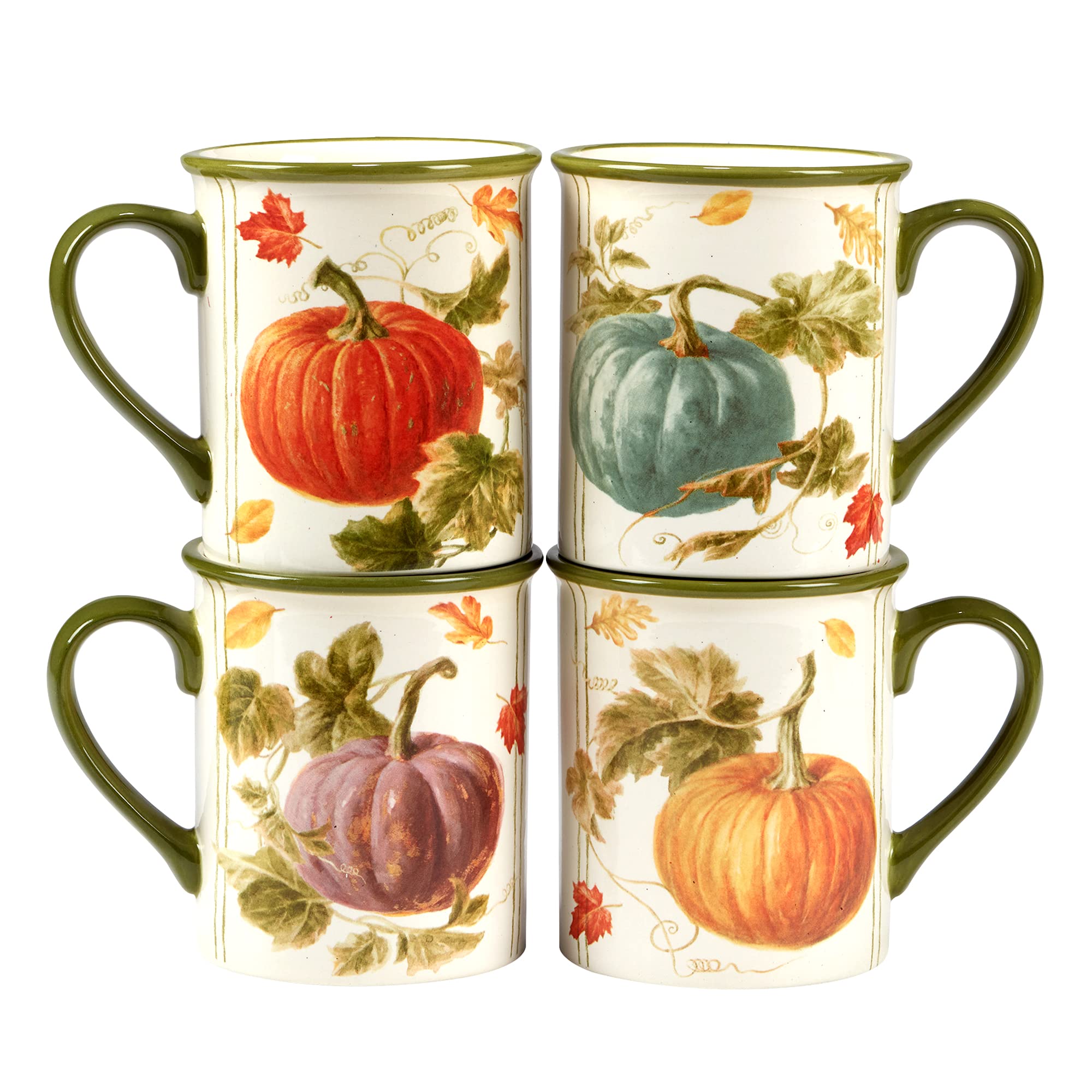 Certified International front view of mug set showing four autumn designs and capacity