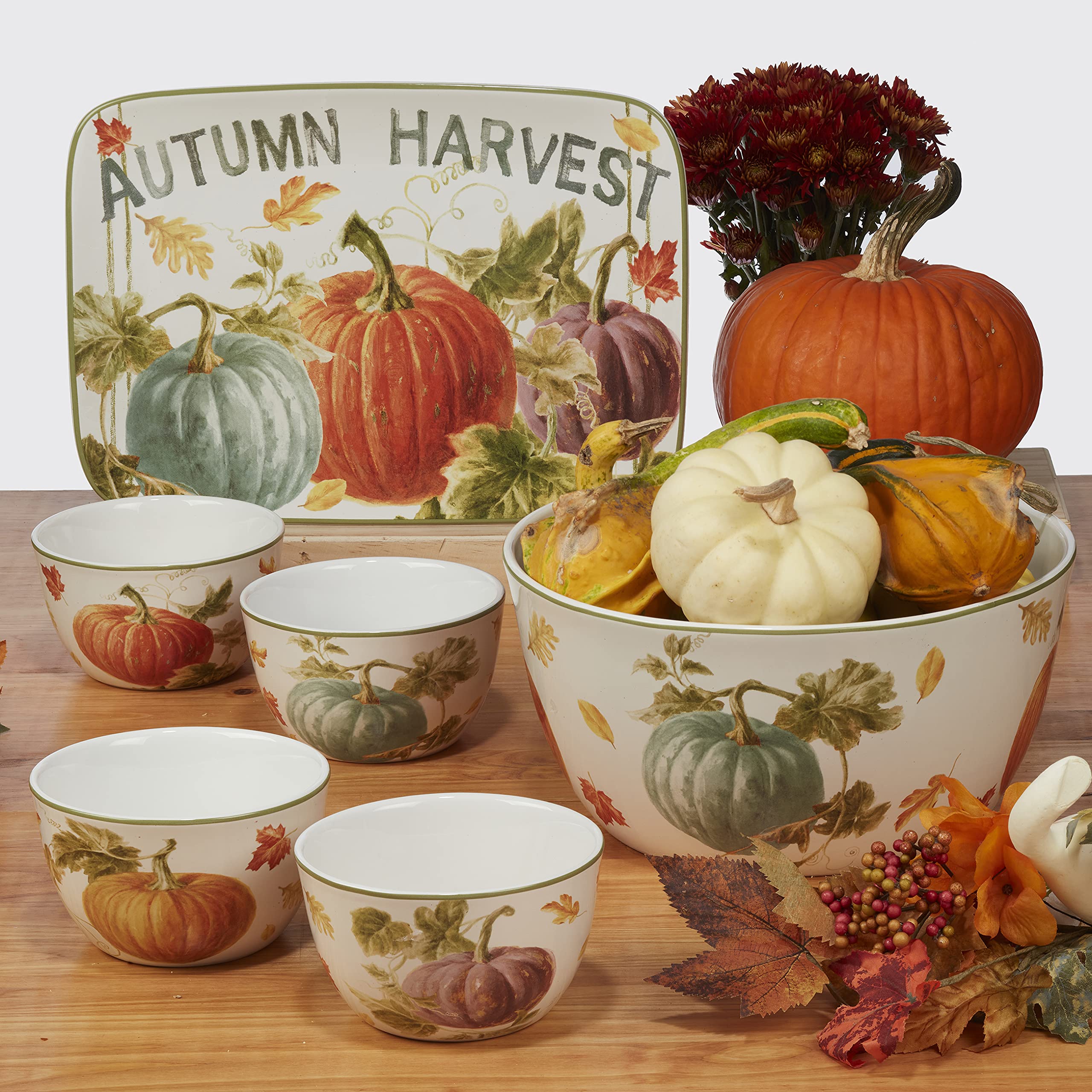 Certified International styled table with mugs and matching plates creating warm fall ambience