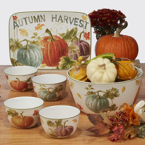 Certified International styled table with mugs and matching plates creating warm fall ambience