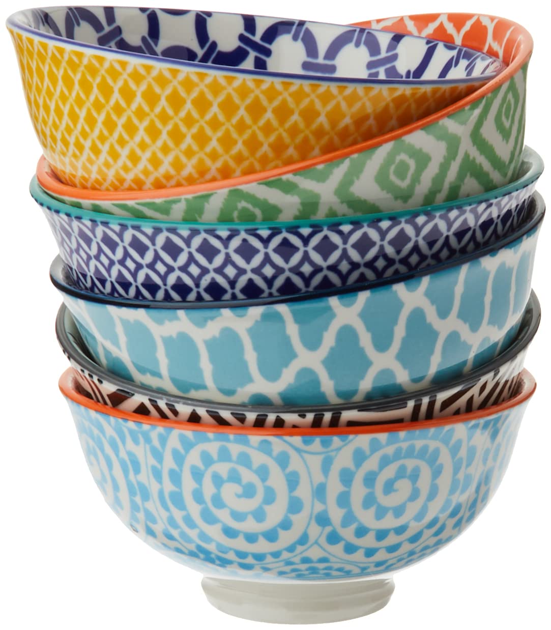 Certified International front view of six Chelsea bowls showing patterns and benefit of coordinated style