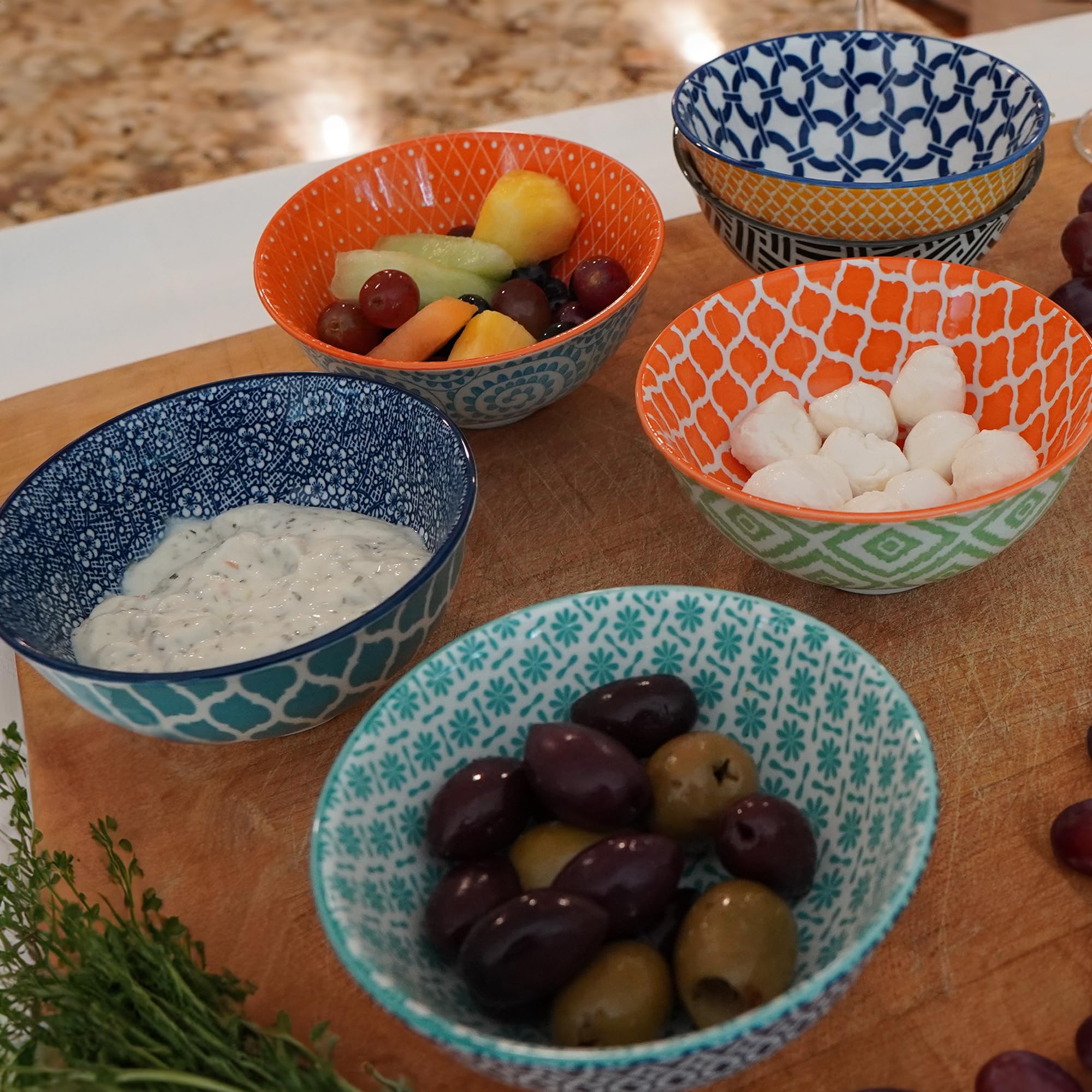 Certified International Chelsea bowls in use with dips showing convenience for serving small portions